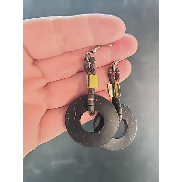 Brown And Beige Circular Beaded Dangling Earrings Vintage Costume Jewelry - Picture 2 of 10